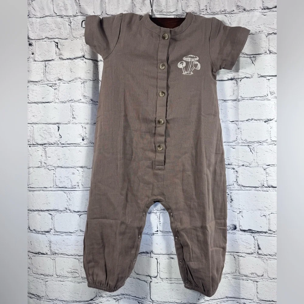 Kate Quinn Brown Kids Romper with Mushroom Design